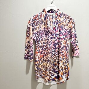 ATELIER 5 Women’s Purple Orange Sublimation Print Ruffle Neck Blouse USA Size S